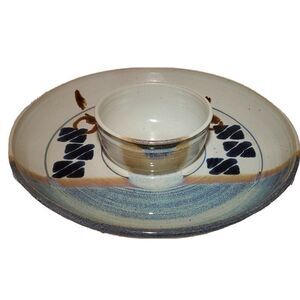 JUNE signed Studio Art Pottery Swirl Cobalt Blue Drip Glaze Chip & Dip Set 13"